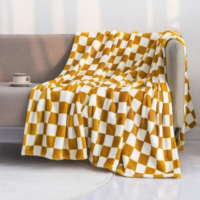 LOMAO Throw Blankets Flannel Blanket with Checkerboard Grid 50''x60'', Yellow