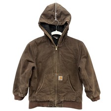 Carhartt Jacket Youth 10-12 Brown Canvas Hooded Insulated Workwear Full Zip