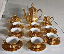 Vintage Royal Bareuther zestaw do herbaty, serwis dla 8, 24-karatowe złoto przeszklone, Bawaria Niemcy