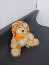Vintage Stuffed Plush Bear Sitting Orange Velvet Hat Bow Korea Chosun 5 "