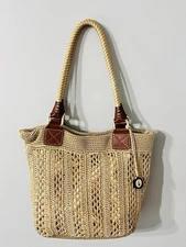 The Sak Macrame Tote Tan Zipper Close Lined Gold Hardware Leather Accents