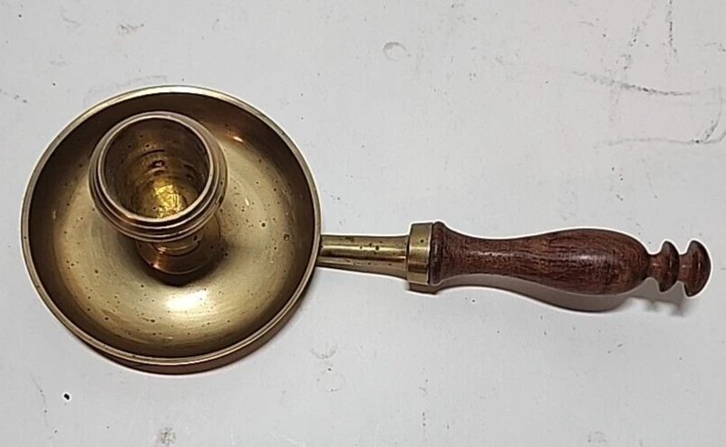 Vintage Antique Style Wood Handle Brass Chamberstick Candle Holder Made In India - Image 2 of 4