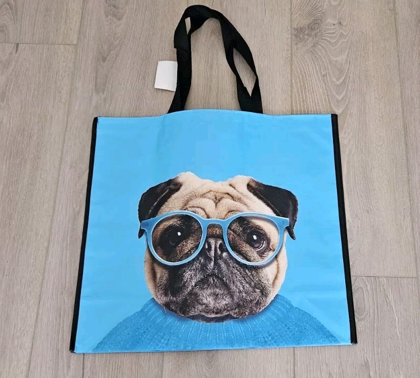 PUG wearing Glasses Blue Home Goods Dog Durable Reusable Grocery Shopping Bag