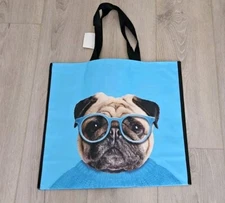 PUG wearing Glasses Blue Home Goods Dog Durable Reusable Grocery Shopping Bag