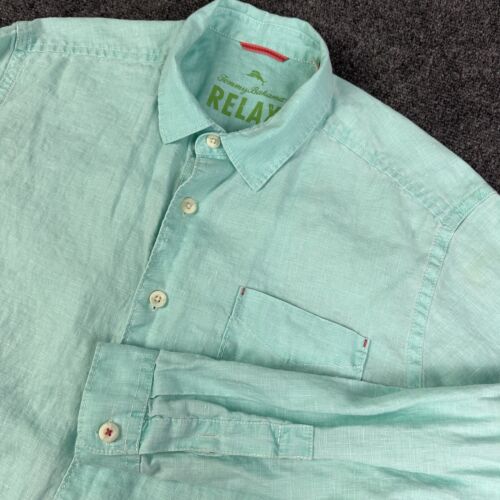 Tommy Bahama Hemd Herren Large Grün 100% Leinen Relax Langarm Knopfleiste LESEN