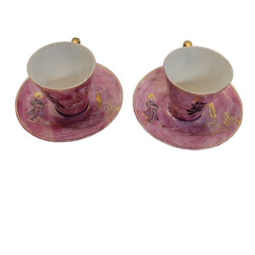 Pair of Vintage Japanese Demitasse Teacups & Saucers Japanese Design Geisha - Picture 2 of 10