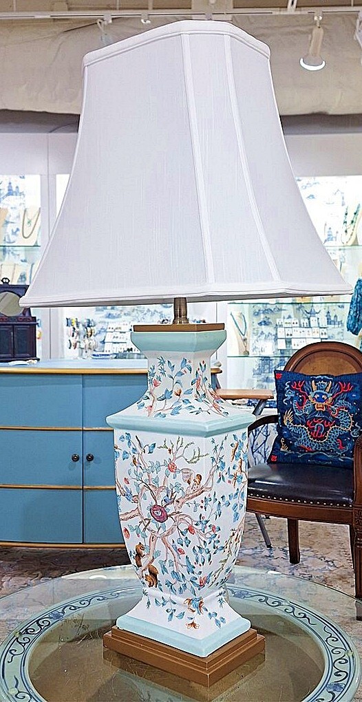 Blue, White Chinoiserie Baluster Lamp.Bronze Accents.Hand Painted.With Lampshade