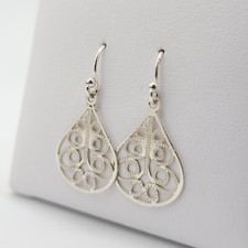 Pear Drop Filigree Dangle Earrings .925 Sterling Silver - BS051