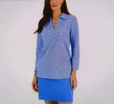Charter Club Women's Foulard Pleated Polo Top Cerulean Sky Combo SZ M