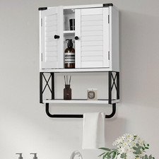 Bathroom Medicine Cabinet Wall Mounted with Louver Doors Towel Bar White