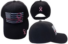 USA Pink Line Pink Breast Cancer Awareness Ribbon Black Embroidered Cap Hat