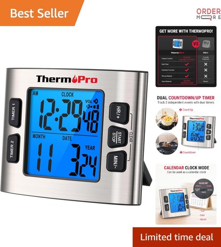 Digital Kitchen Timer Stainless Steel 24Hr Dual Countdown Clock Alarm
