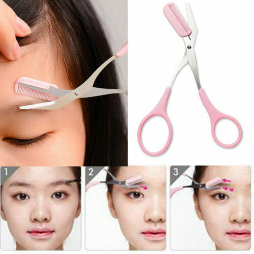 Eyebrow Eyelash Hair Scissors Comb Trimmer Pink Stainless Steel Tool - Picture 1 of 25