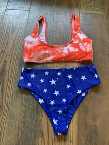 red white and blue high waisted swimsuit