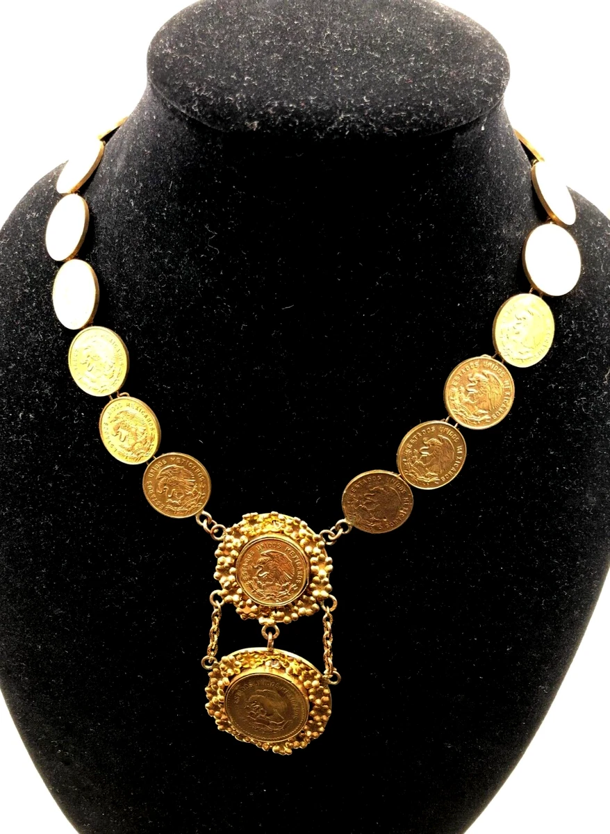 ANTIQUE MEXICAN GOLD COIN NECKLACE GOLDPL BRASS PENDANT HAND