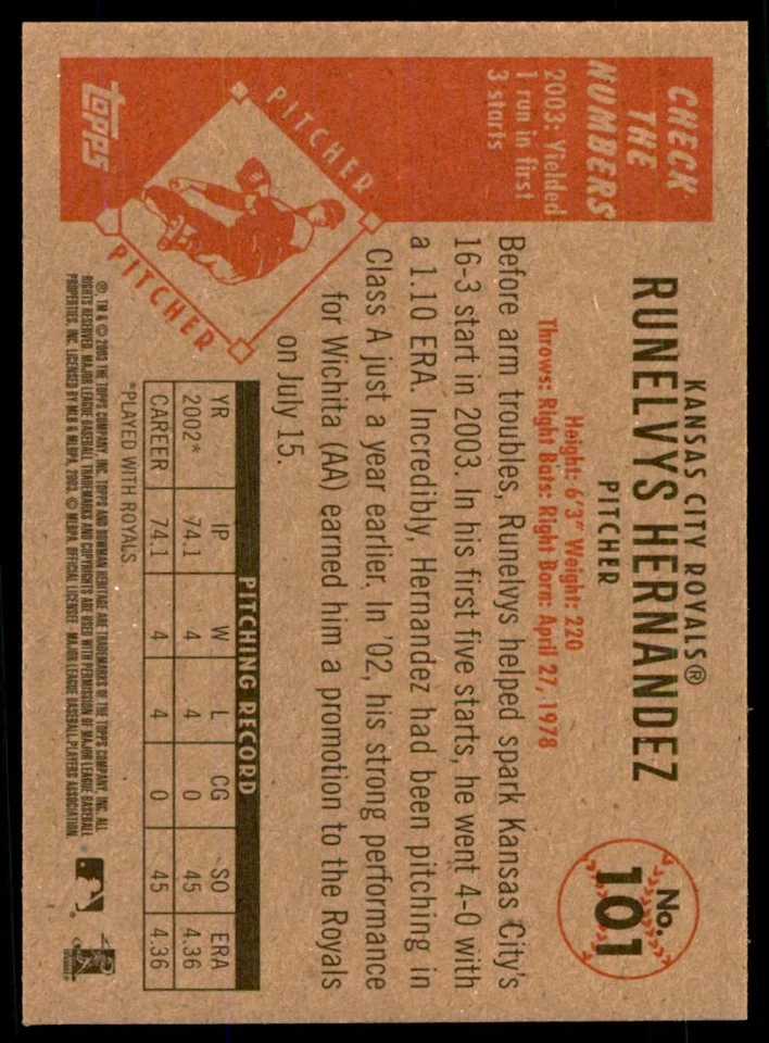 2003 BOWMAN HERITAGE RUNELVYS HERNANDEZ KANSAS CITY ROYALS #101 - Image 2 of 2