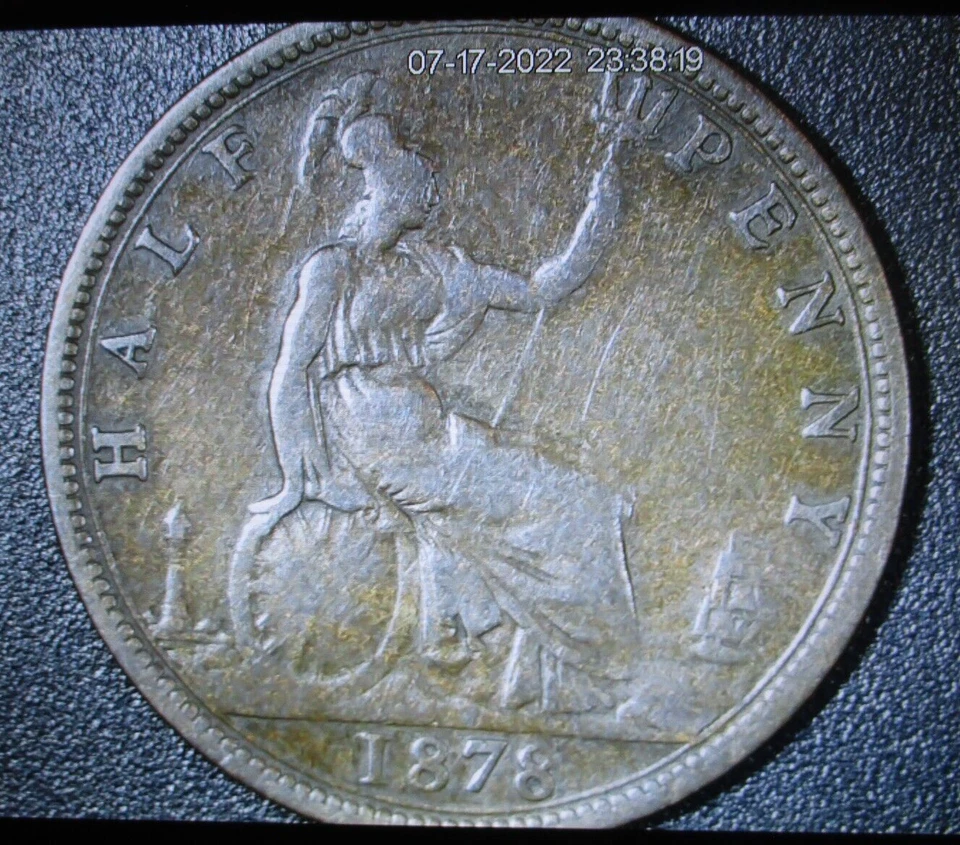 GREAT BRITAIN 1878 1/2 Penny, KM.754, Ultra Rare- Wide Date- Hard to find - Image 2 of 4