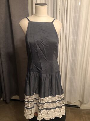 Women's Ann Taylor Denim Dropped Waist Dress Size 8 Crocheted Detail High  Neck | eBay