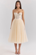 NEW, House of CB Darling Strapless Tulle Midi Dress in Cream Sz L+ #MD1185