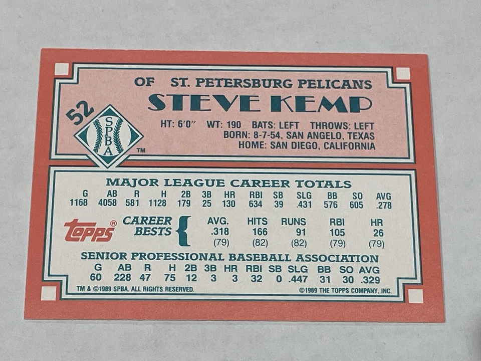 1989 Topps Senior League Baseball #52 - Steve Kemp - St. Petersburg Pelicans - Image 2 of 2