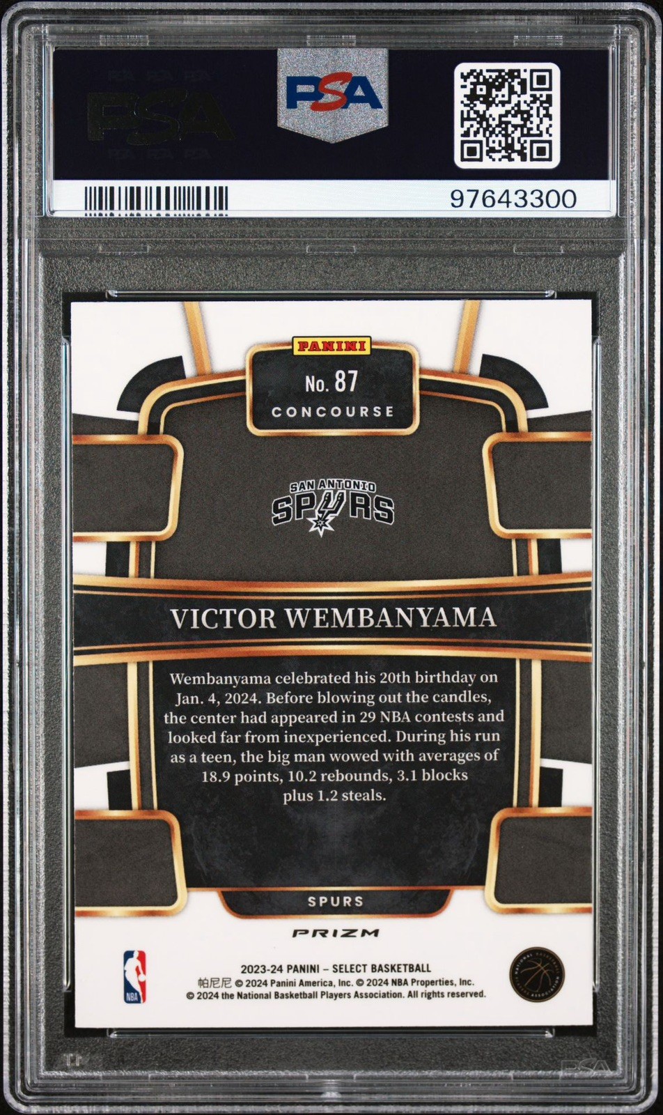 2023 PANINI SELECT SILVER PRIZM #87 VICTOR WEMBANYAMA ROOKIE RC PSA 10 view 2