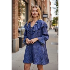 ZARA Blue Snake Print Ruffle V Neck Long Sleeve Mini Satin Dress cocktail Size M