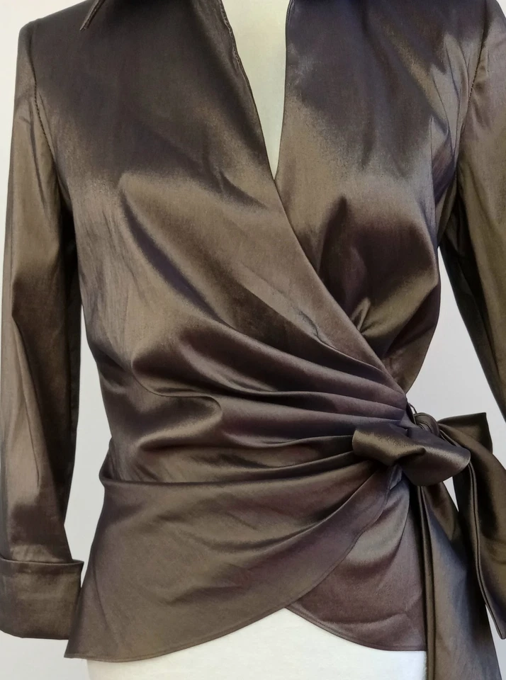 Talla 10 Colección TADASHI Blusa Marrón Formal ENVOLTURA CON PUÑOS DE ESTRÁS FRANCÉS Foto 3 de 4