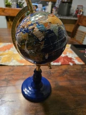 NWT Precious Inlaid Multi Gemstone Lapis Lazuli World Globe Desktop Miniature 6"