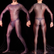 Men's Ultra-thin Sheer Shiny Glossy Bodysuit Footed Jumpsuit Open Crotch Catsuit