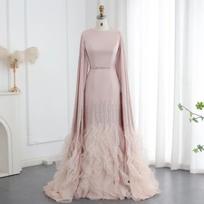 Custom Luxury Evening Dresses with Cape Sleeves Tiered Ruffles A Line Prom Dress