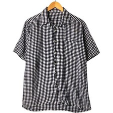 Vintage gingham check short-sleeved open-collar linen shirt box shirt men's ...