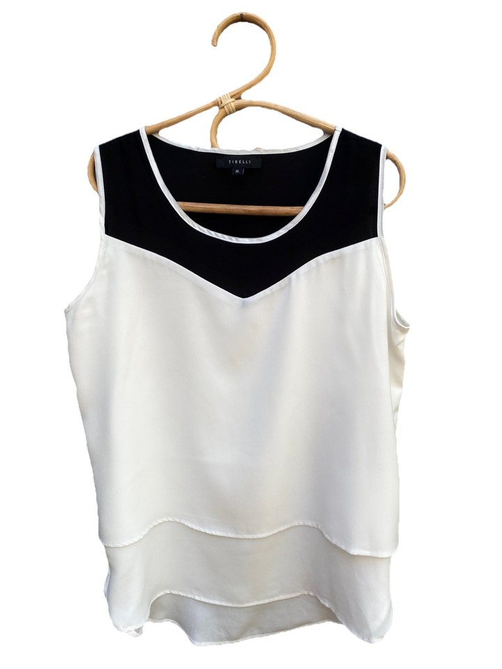 TIRELLI layered blouse top size XL black ivory white contrast neck sleeveless