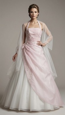 Brautkleid elegant rosa elfenbein Blumenstickerei mit Schal Schnürung Gr: 10 UK
