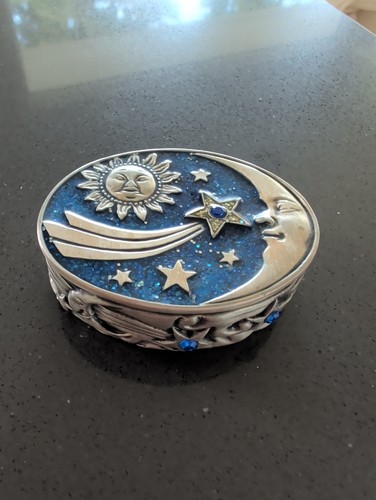 Sun Star Moon Pattern Oval Trinket Box Blue Pewter Enamel Crystals