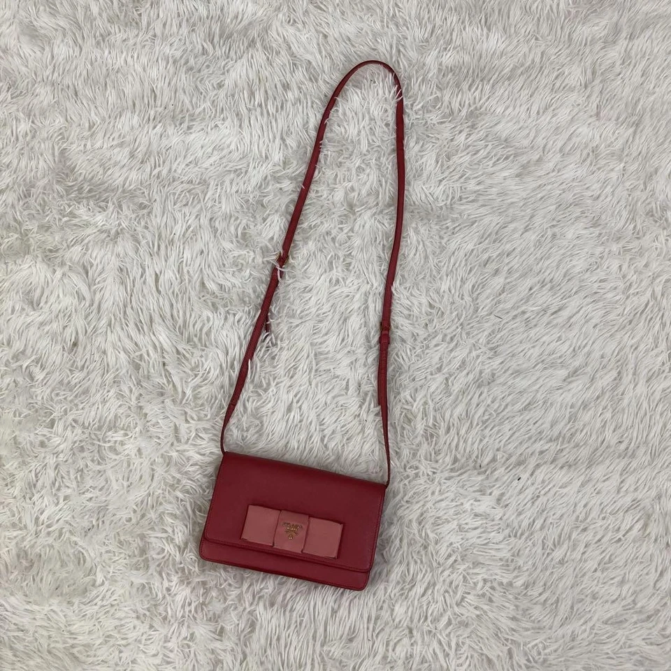 Bolsa de ombro de couro PRADA carteira bolsa de embreagem autêntica vermelha rosa feminina Itália 121545 - Imagem 2 de 4
