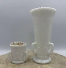 Vintage Westmoreland Swan & Cattails White Milk Glass Vase And Toothpick Holder