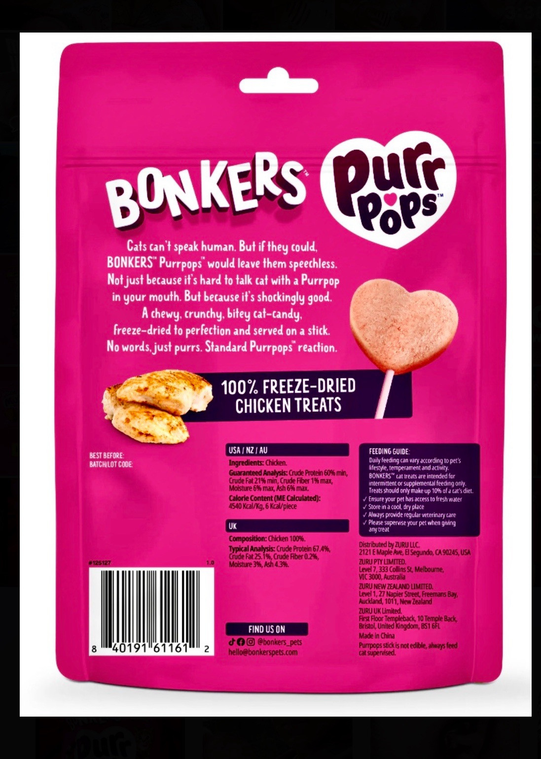 10pc Bonkers Purr Pops Chicken Lovey Licks-Cat Treats Ltd Edition (1pk Of 10ct)