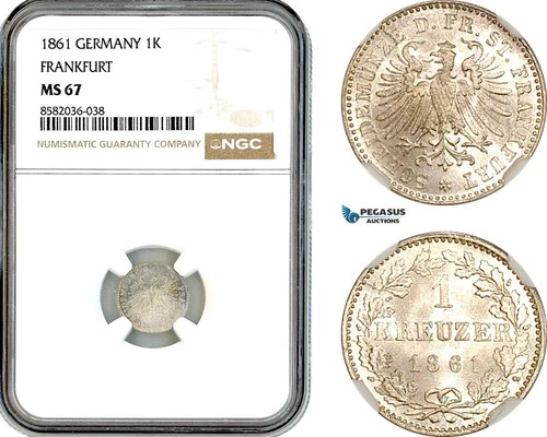 AL147, Germany, Frankfurt, 1 Kreuzer 1861, Billon, NGC MS67, Top Pop!