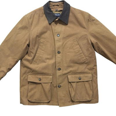 #ad Lands End Barn Coat Men#x27;s Large Tan Chore Jacket Removable Quilted Liner EUC $54.99