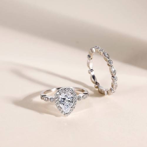 1.25CT 925 Sterling Silver Bridal Ring Sets Teardrop CZ Engagement Vintage Pe... - Picture 3 of 6
