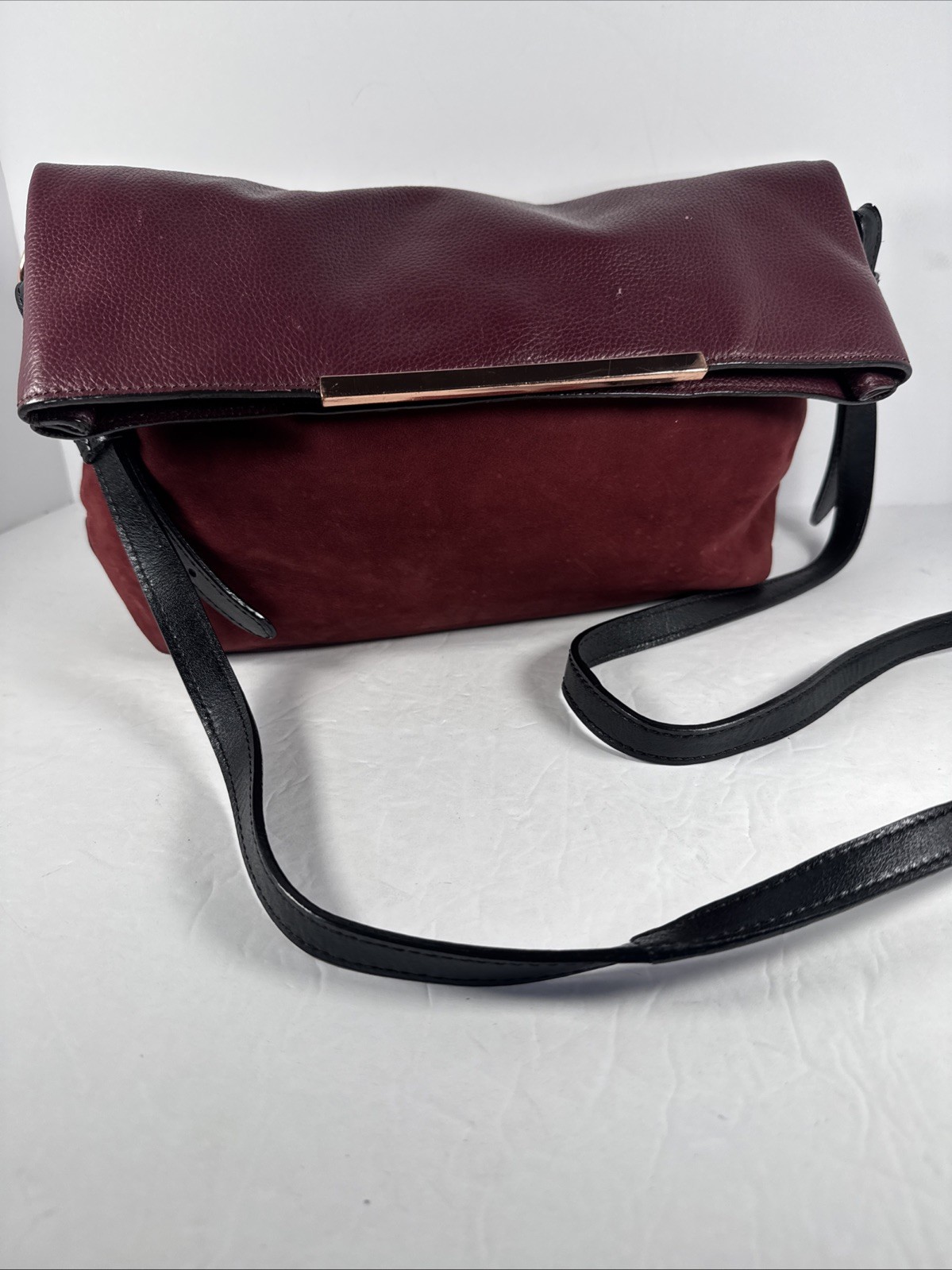 Banana Republic Burgundy/Black Suede & Leather Foldover Flap Crossbody Bag Purse