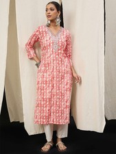 Indian Women Pink Zardozi Embroidered Floral Printed Kurta Kurti Top Tunic Dress