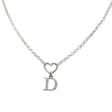 Christian Dior Silver Heart Logo Rhinestone Necklace Silvery