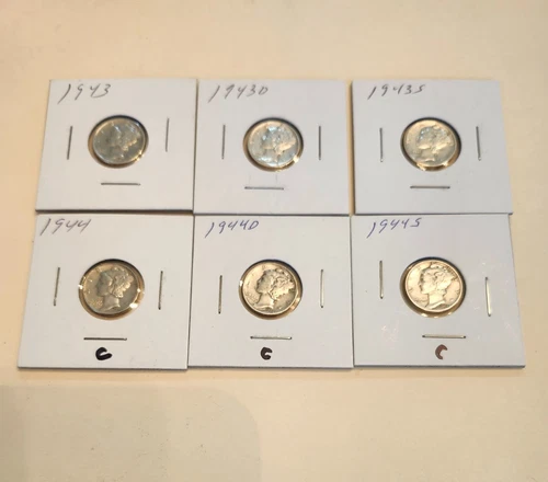 (6) Mercury dimes About uncirculated (1943 43d 43s) (1944 44d 44s)