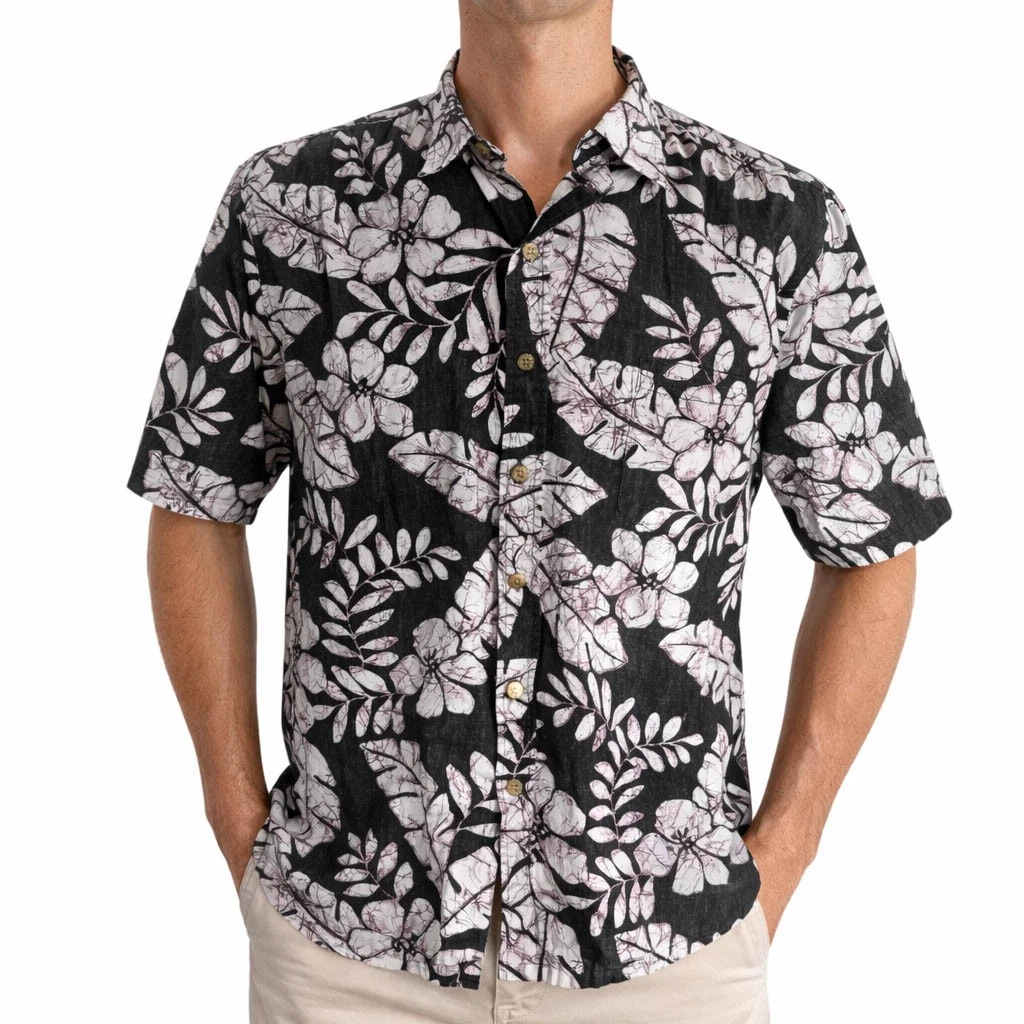 Cooke Street Hawaiian Aloha Shirt Large Flowers Leaf Vines Reverse Print Black