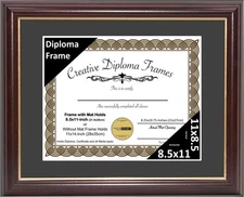 Mahogany Diploma Frame Gold Rim Black Mat Fits 11x14 with Easel & Hangers