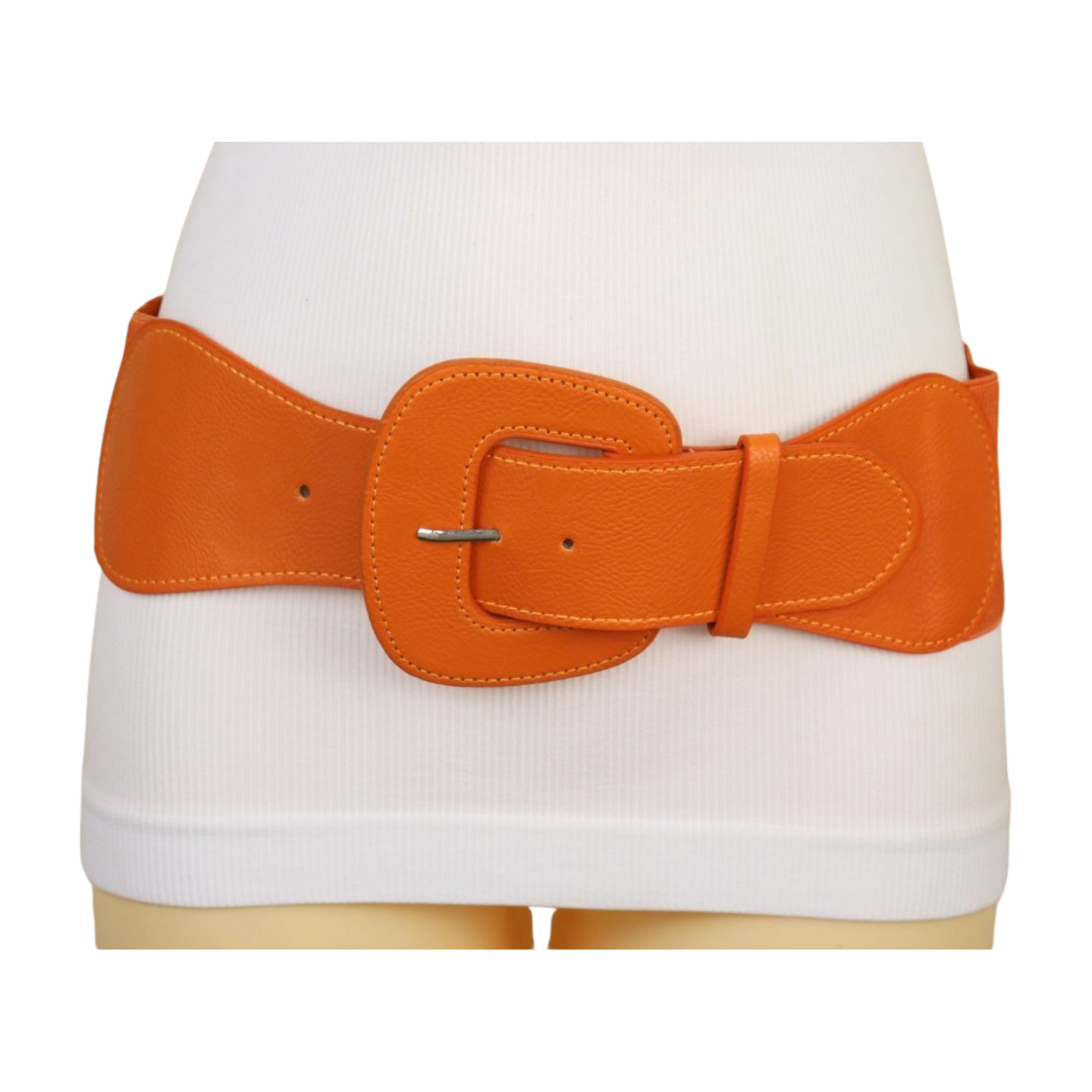 Women Orange Elastic Fabric Waistband Fashion Casual Belt Big Buckle Size S M