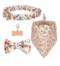4pc Girl Dog Rose Gold Collar Set Bow Tie, Adj. Collar, Floral Bandana  Tag L 