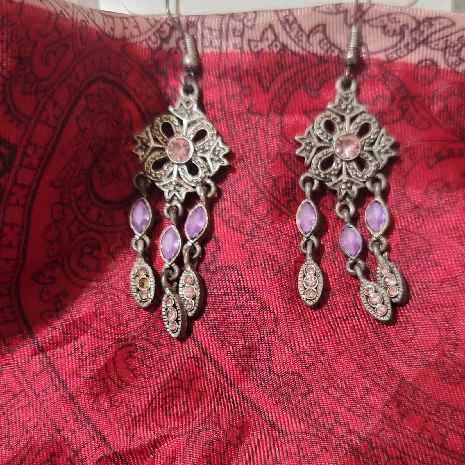 Silver Tone Purple Stone Dangle/Drop Hook Earrings Metal Lobe Pierced