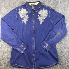 Rock 47 by Wrangler Mens Western Shirt L/G Blue Embroidered Rhinestone